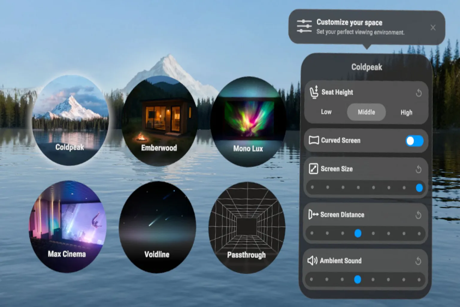 NEX Video Player environment settings with Coldpeak, Emberwood, Mono Lux, Max Cinema, Voidline, and Passthrough viewing spaces.