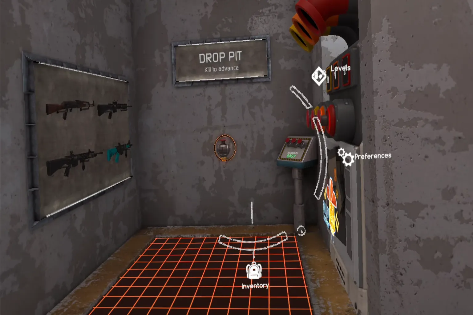 Bonelab Drop Pit arena showing the inventory interface, weapon rack, difficulty controls, and the Kill to advance objective.