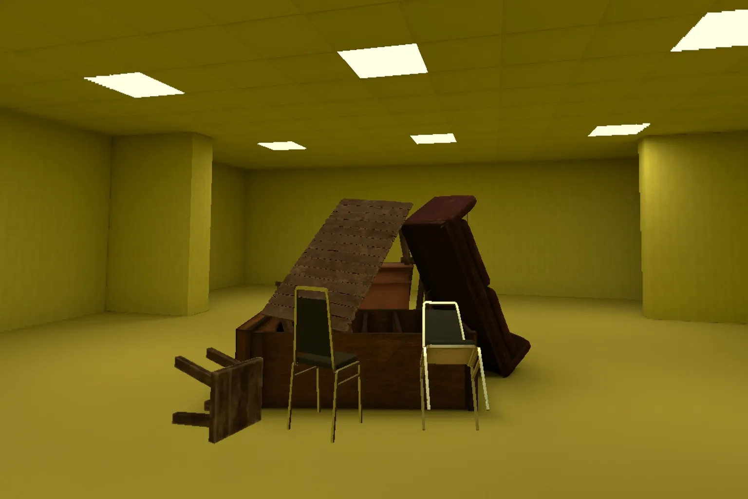 Bonelab Backrooms mod map with yellow walls, fluorescent lights, chairs, and stacked furniture.