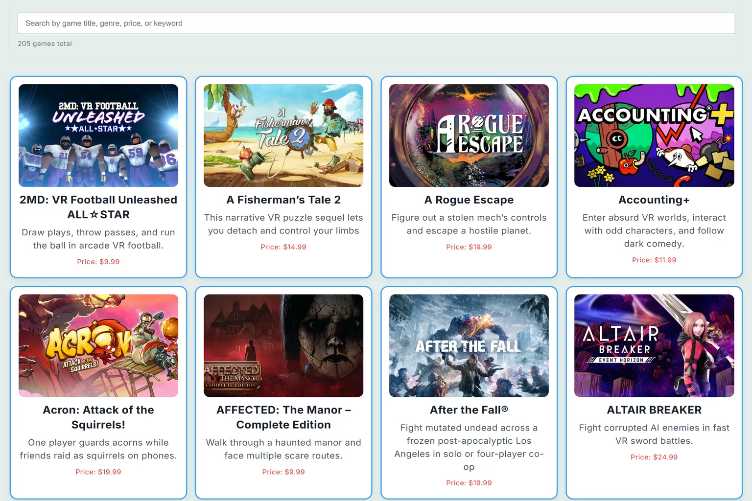 VRPUPU Meta Quest Cross-Buy game list page showing a searchable database of 205 supported games, with game cards, short descriptions, and prices for each title.