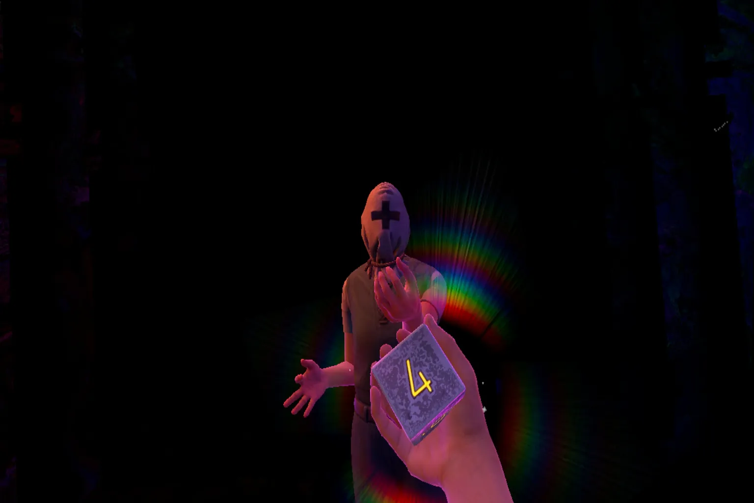 First-person Bonelab scene where a masked character presents an Avatar Dice gadget marked with the number four.