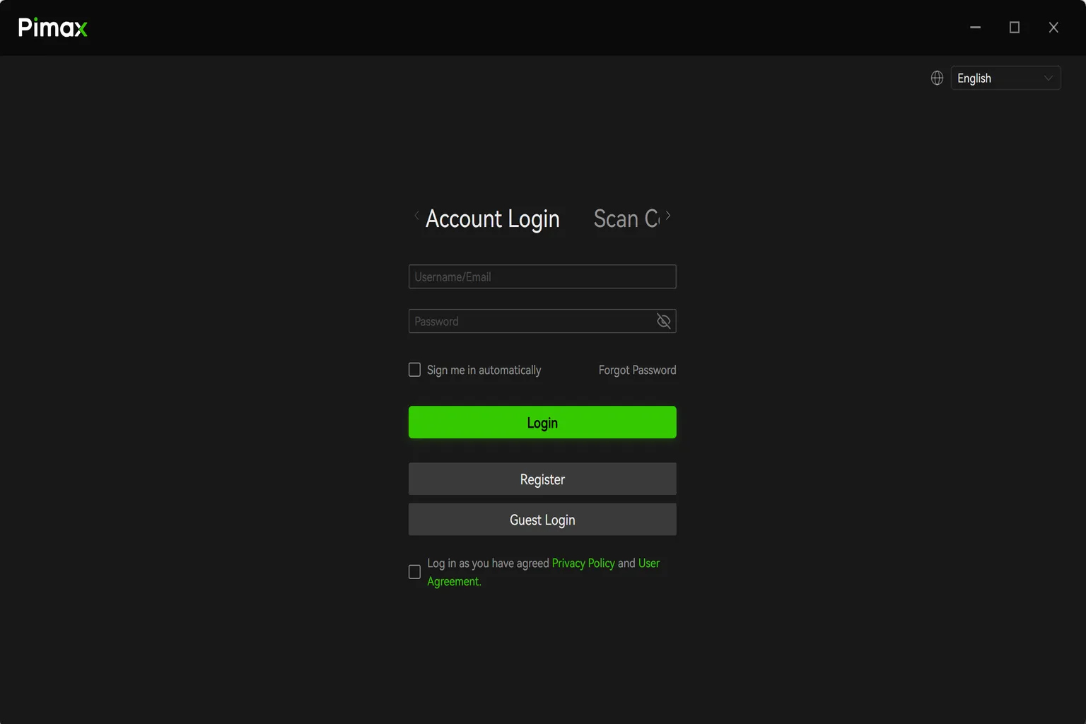 Pimax Play account login screen with email address, password, registration, and guest login options.