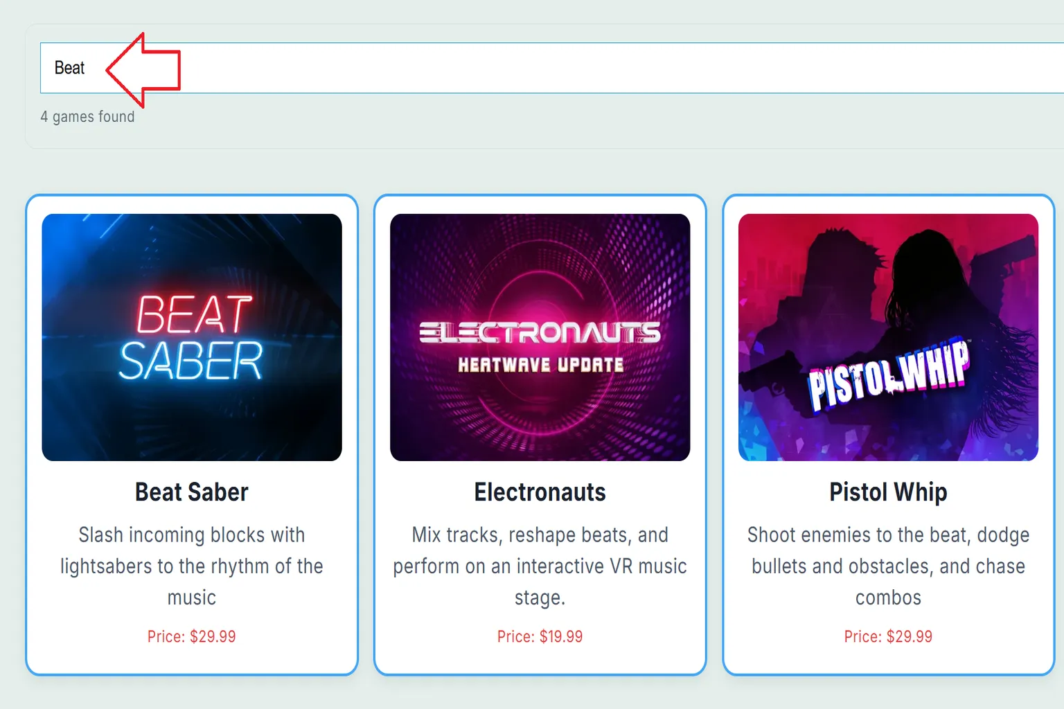 VRPUPU Meta Quest Cross-Buy game list search example, with “Beat” entered in the search box and filtered results showing Beat Saber, Electronauts, and Pistol Whip.