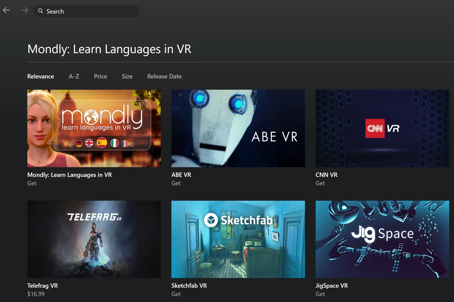 Meta Quest PC app library showing Mondly: Learn Languages in VR and other PC VR apps such as ABE VR, CNN VR, Telefrag VR, Sketchfab VR, and JigSpace VR, with several titles available to get from the library.