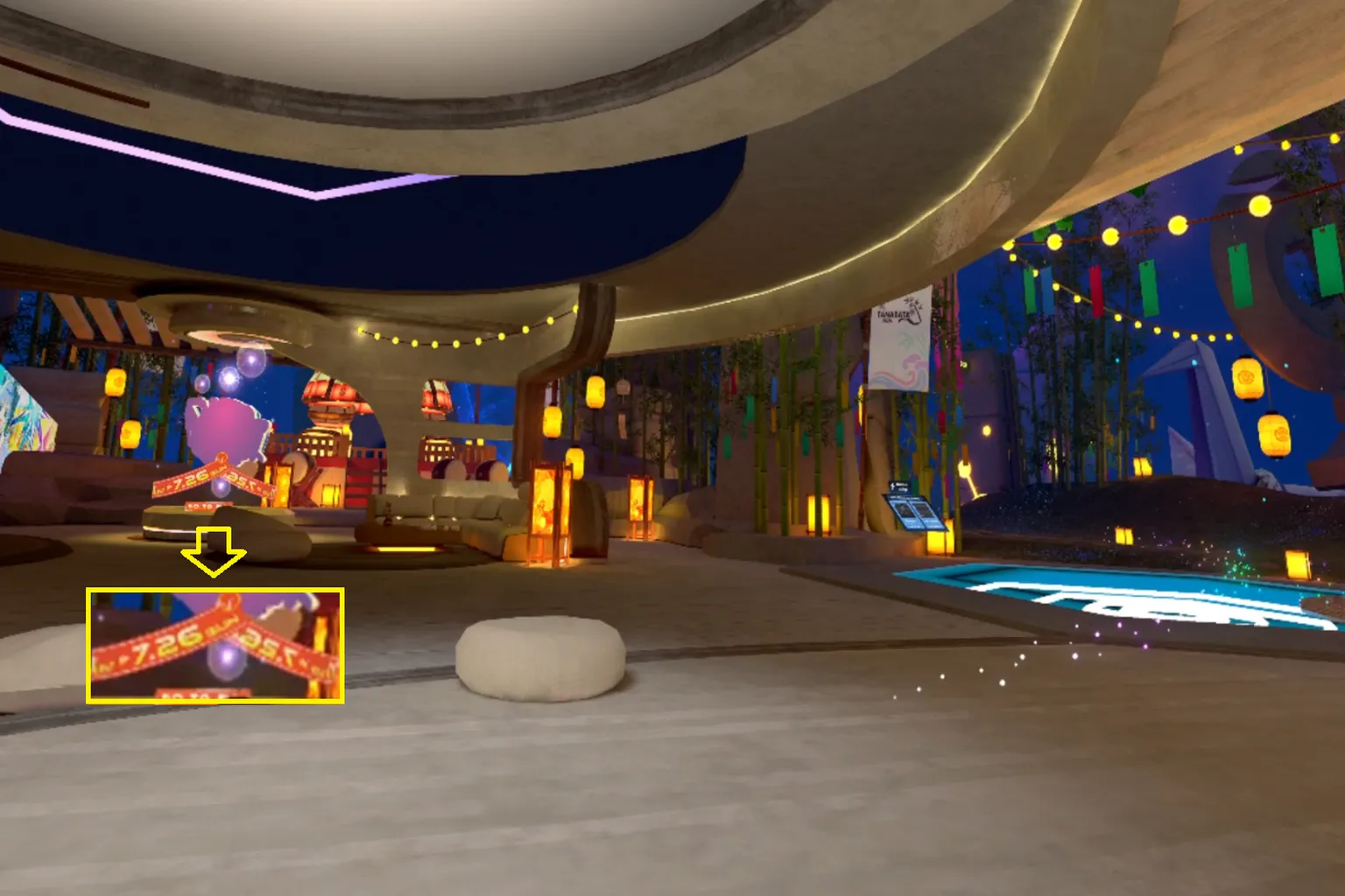 Pimax Crystal Light view of the VRChat lobby, with distant text appearing sharper and easier to read.