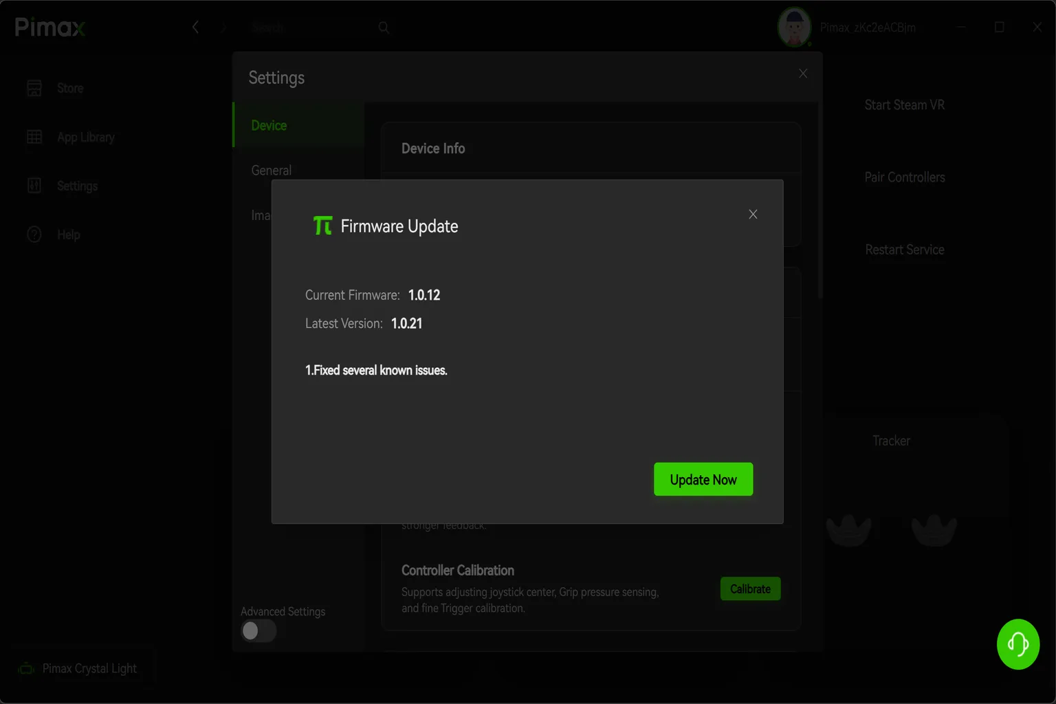 Pimax Crystal Light firmware update prompt showing the current firmware version and latest firmware version.