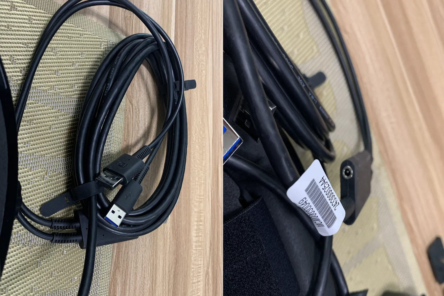 Close-up of the Pimax VR headset connection cables, including DisplayPort, USB, and power connectors.