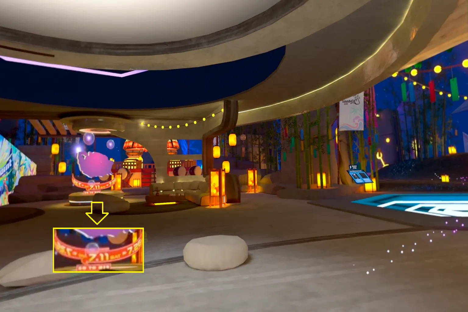 Meta Quest 3 view of the same VRChat lobby, with distant text appearing softer and less readable.