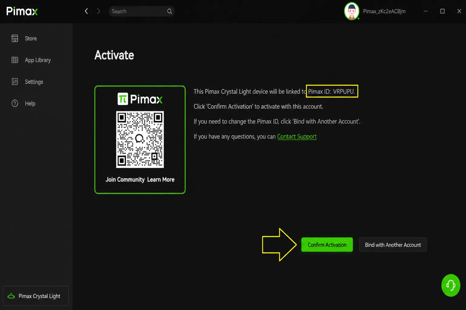 Pimax Crystal Light activation screen showing the Pimax ID and the Confirm Activation button.