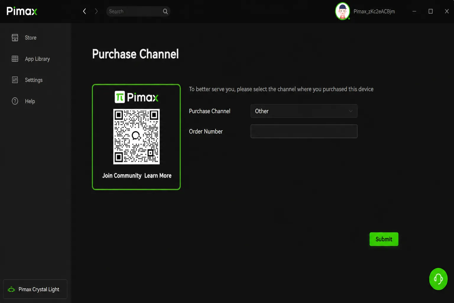 Pimax Play purchase channel registration screen asking the user to select a purchase channel and enter an order number.