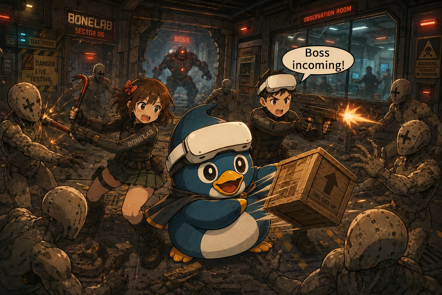Gugu and Mengmeng fight through Bonelab enemies as VRPUPU throws a wooden crate and Gugu warns, “Boss incoming!”