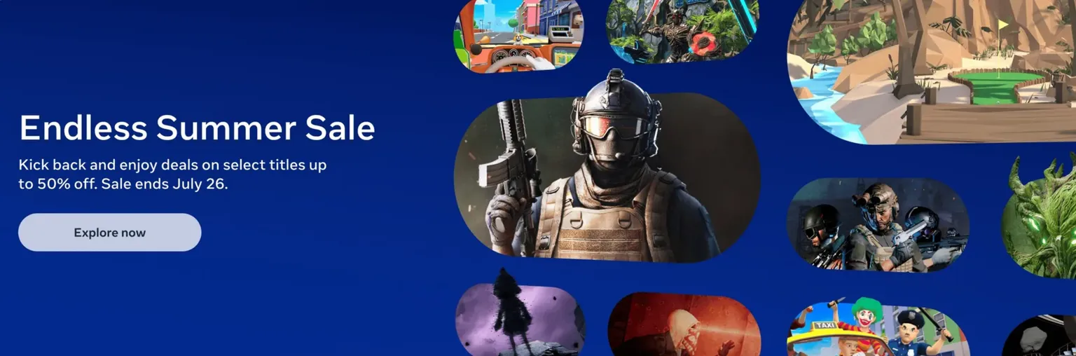 Meta Quest Endless Summer Sale banner showing select VR games discounted up to 50% off until July 26.