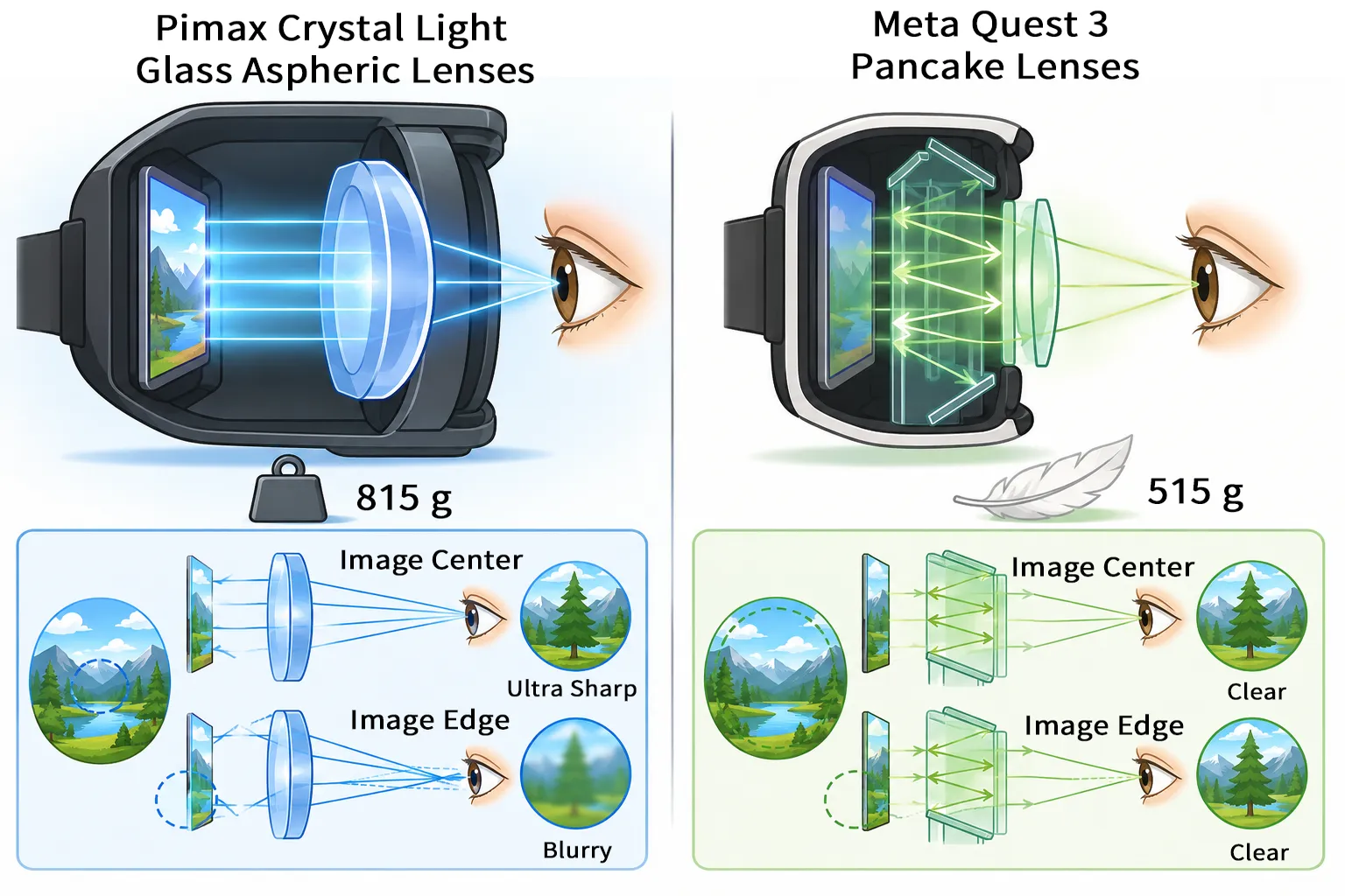Illustrated comparison of Pimax Crystal Light glass aspheric lenses and Meta Quest 3 pancake lenses, showing headset weight, image center clarity, and edge blur differences.