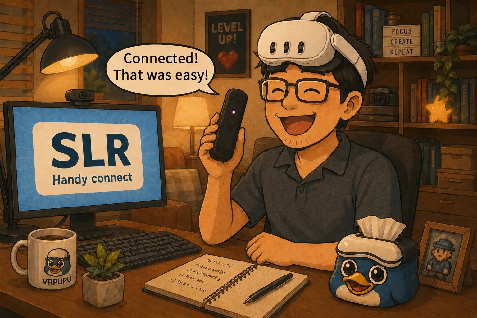 Illustration of Mengmeng’s dad in a study, wearing a Meta Quest 3 and holding The Handy 2 Pro, happily celebrating a successful SLR Handy connect connection.