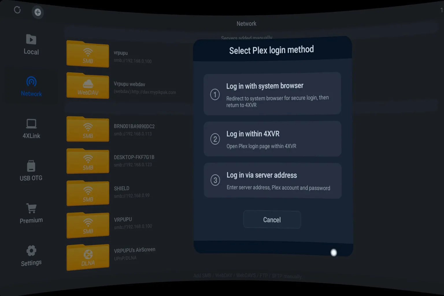 4XVR Player showing three Plex login methods, including system browser login