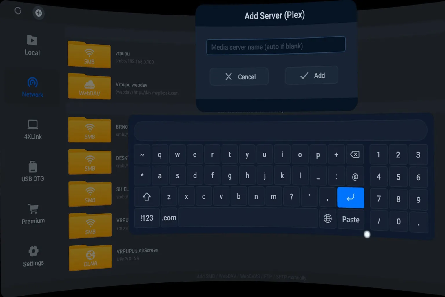 4XVR Player screen for naming a new Plex media server