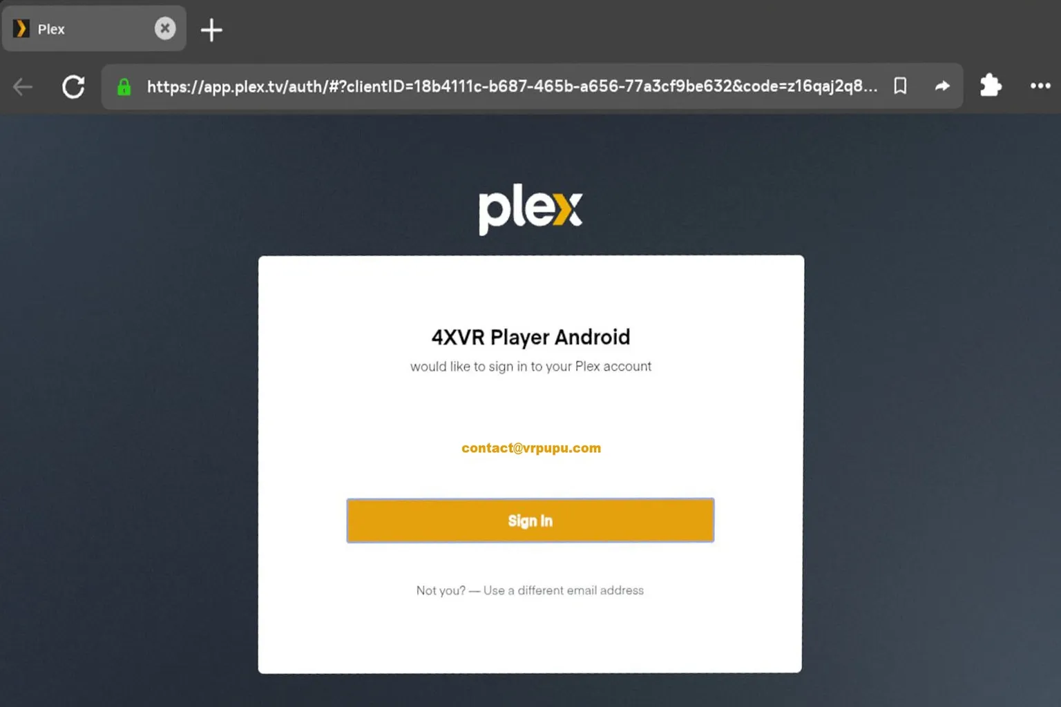 Plex login page authorizing 4XVR Player Android to access a Plex account
