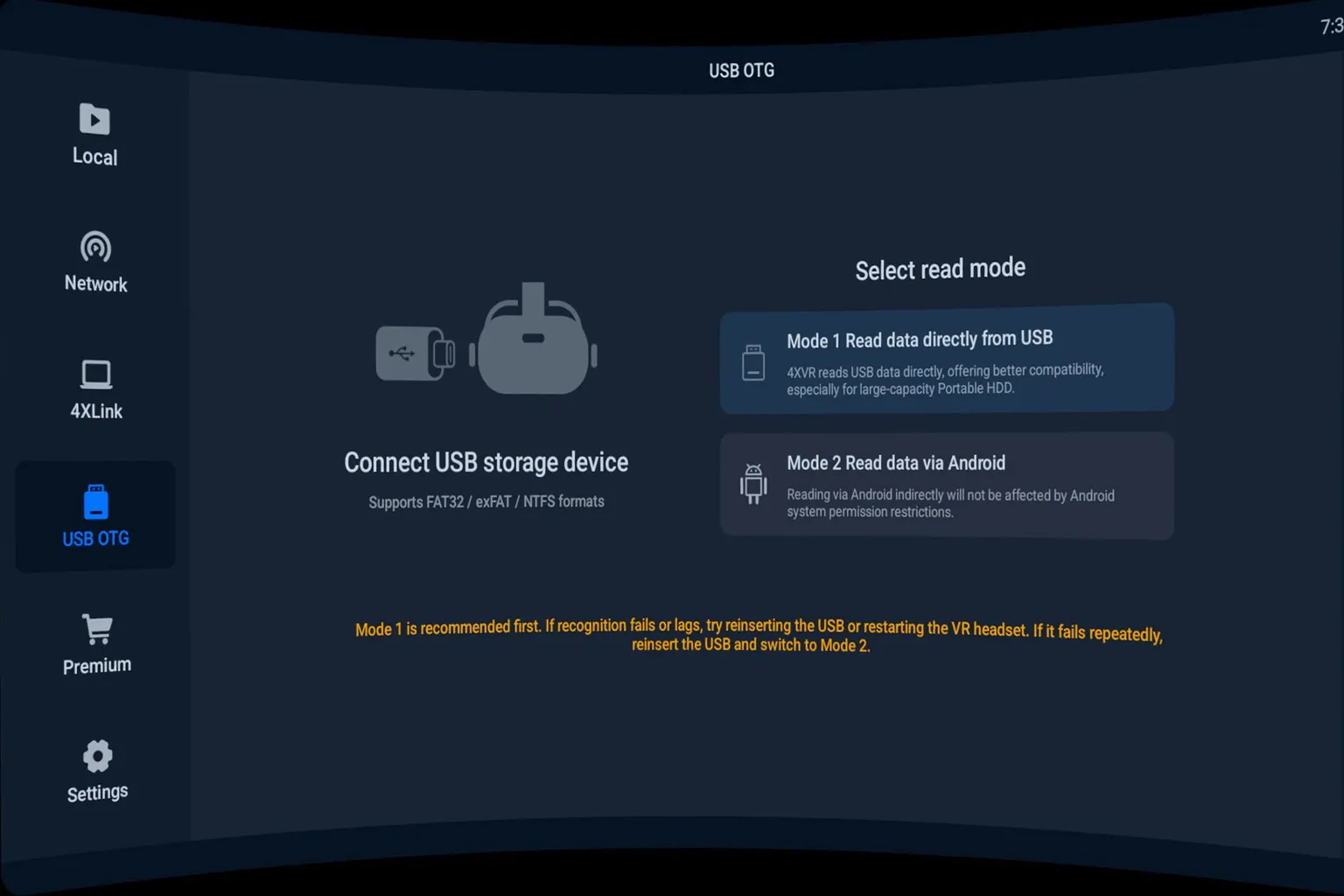 4XVR Player showing two USB storage read modes for Meta Quest, including direct USB and Android mode