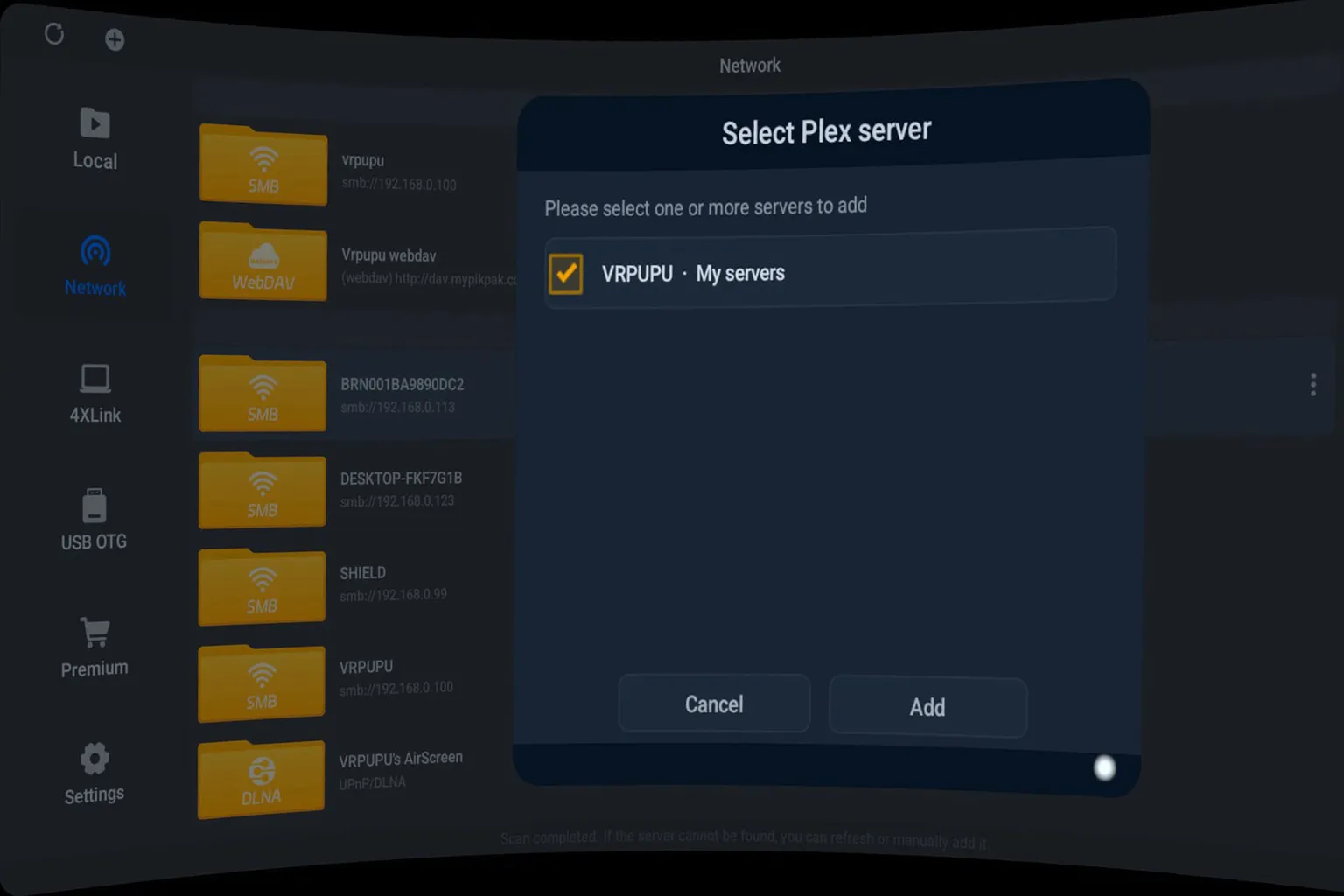 4XVR Player screen for selecting a Plex server to add