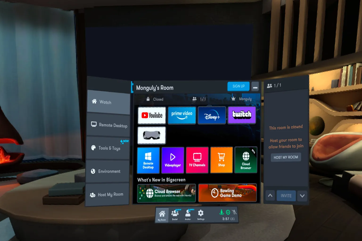 Bigscreen main menu on Meta Quest, with access to features such as YouTube, Remote Desktop, and Video Player