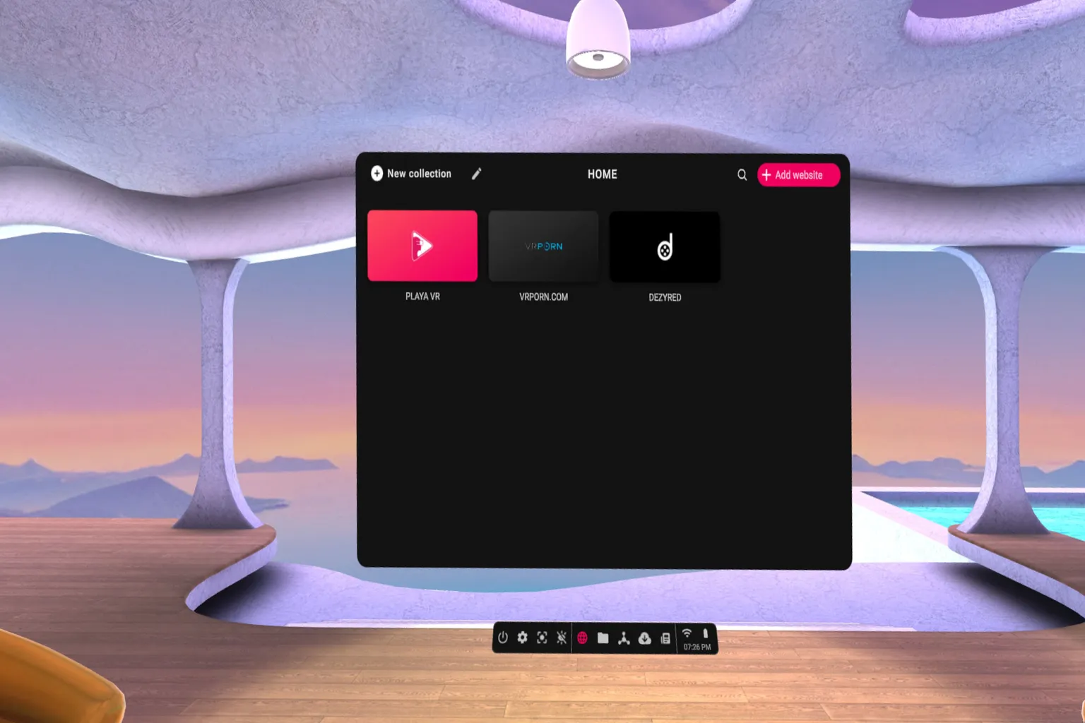 PLAY'A Video Player home screen on Meta Quest, featuring a virtual environment inspired by a mountaintop villa