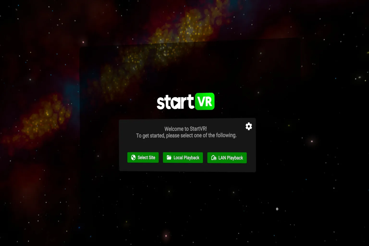 Start VR main menu on Meta Quest, with options for websites, local playback, and LAN playback