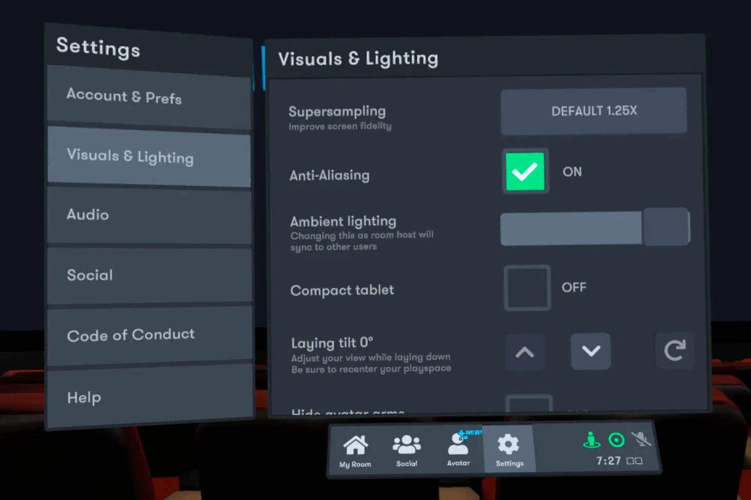 Bigscreen settings screen for adjusting image quality, anti-aliasing, ambient lighting, and other options
