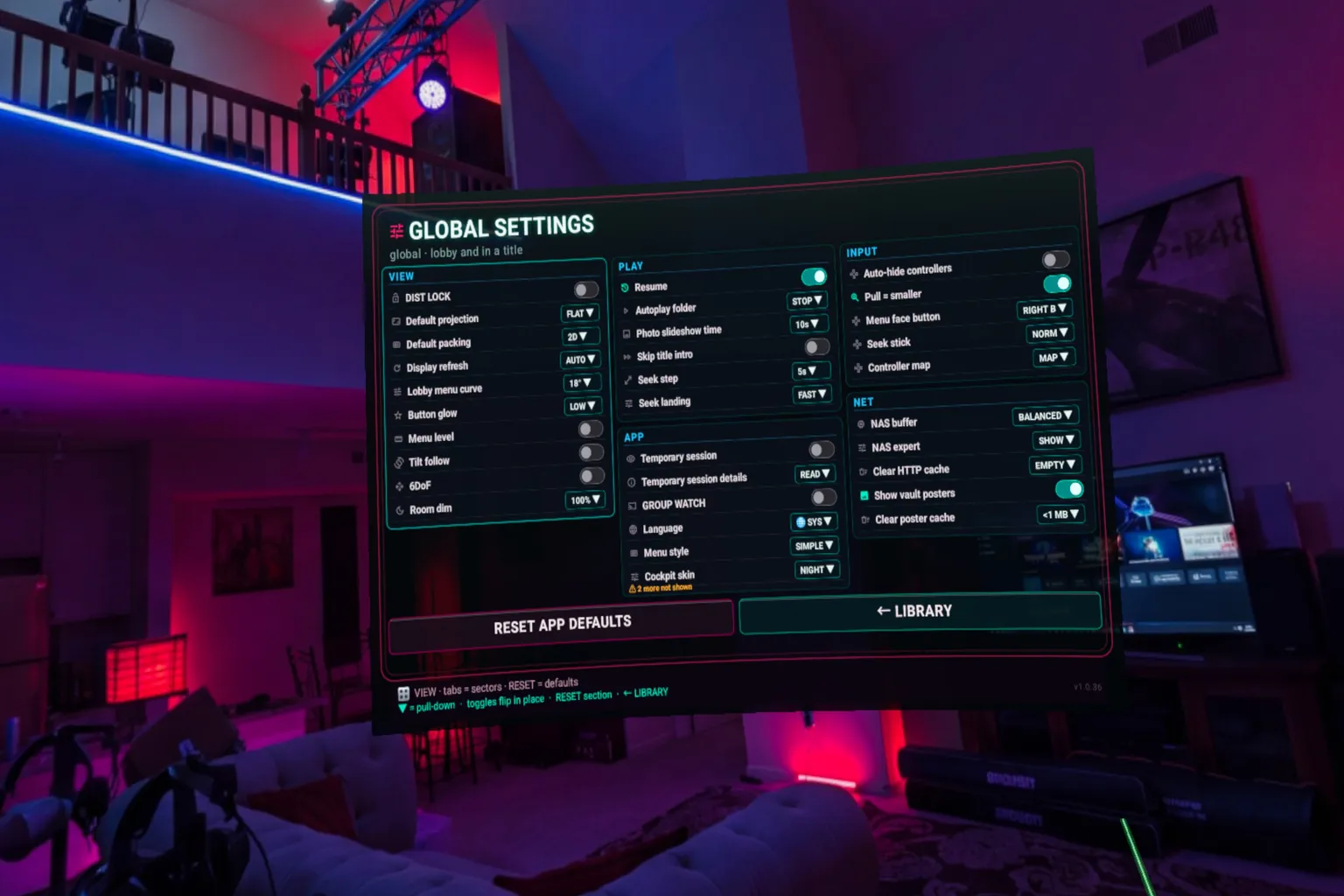 Finally VR Video Player global settings screen for adjusting playback, input, and network options