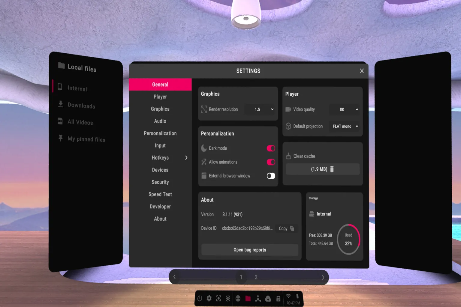 PLAY'A VR Video Player settings screen for adjusting resolution, video quality, and playback options