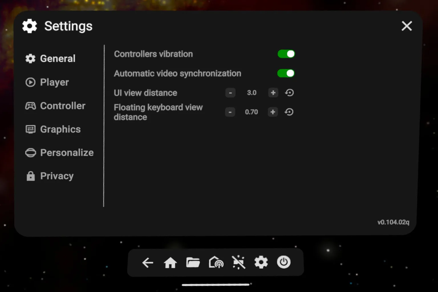 Start VR settings screen for adjusting controller vibration, UI distance, and playback-related options