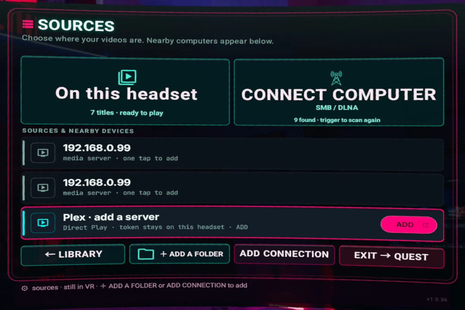 Finally VR Video Player video source selection screen with support for headset storage, SMB, DLNA, and Plex