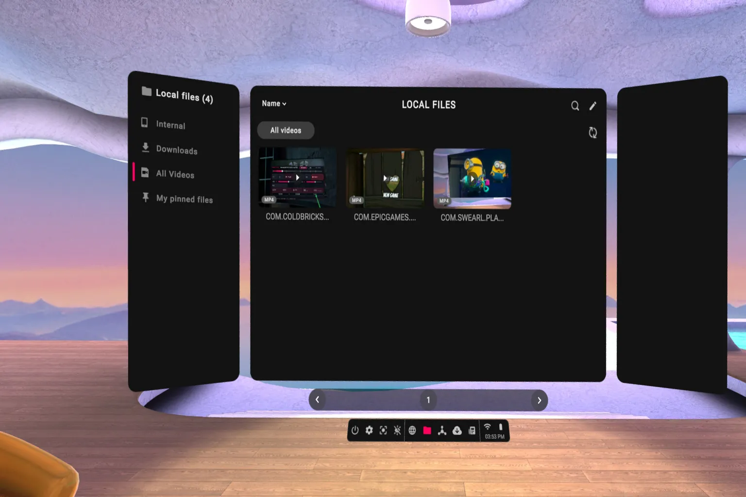 PLAY'A VR Video Player local video selection screen for browsing video files stored on Meta Quest