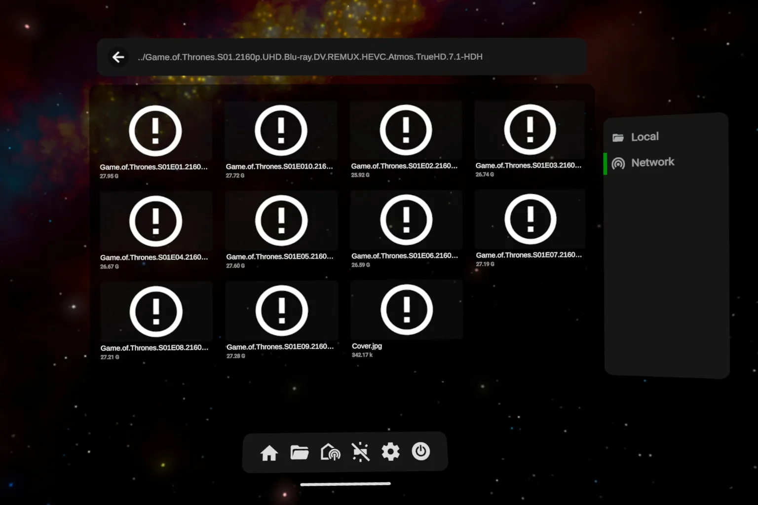 Start VR network video selection screen for browsing video files on the local network