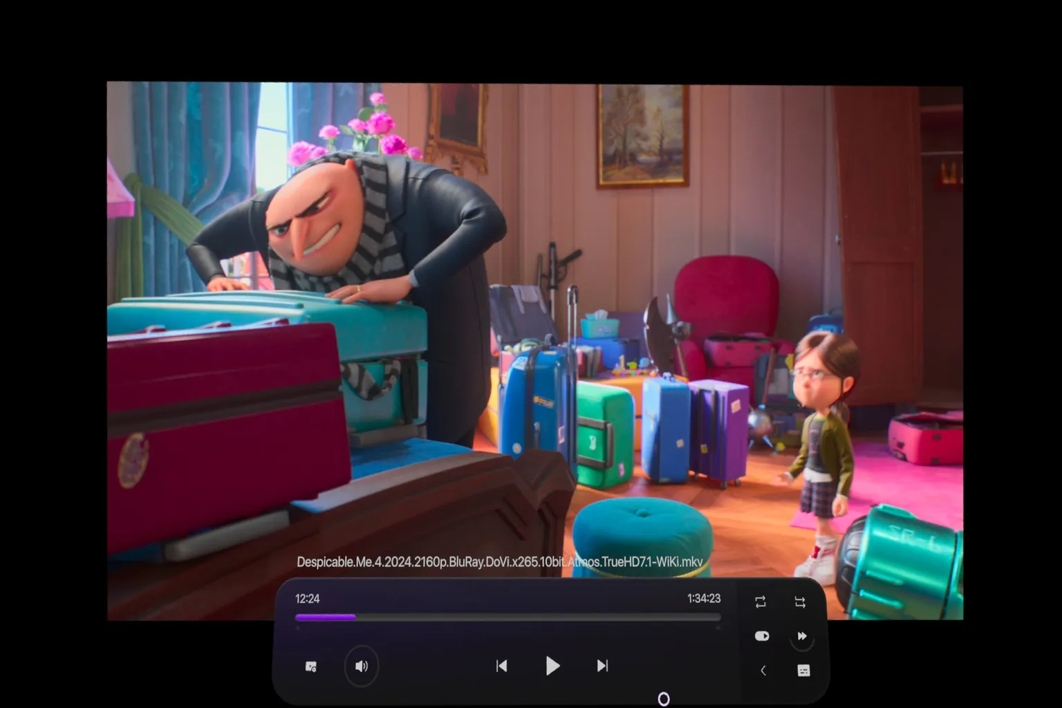 Commedia Video Player virtual environment and playback controls while watching a video on Meta Quest