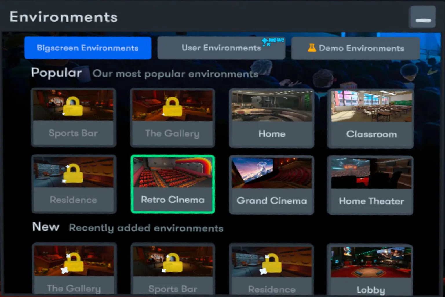 Bigscreen virtual environment selection screen with multiple scenes, including a cinema, home, and classroom