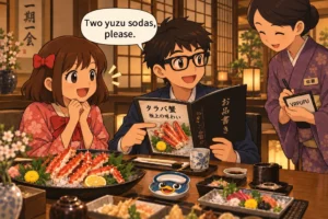 Gugu and Mengmeng order yuzu sodas at a traditional Japanese restaurant while a waitress takes their order beside a king crab meal.