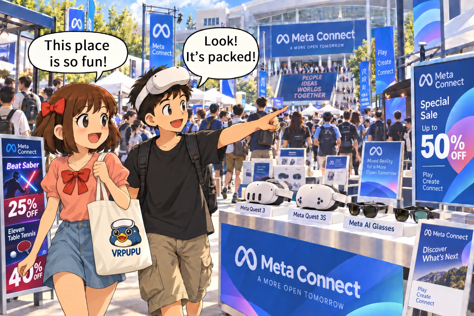 MengMeng and GuGu explore the Meta Connect 2026 sale, featuring Meta Quest 3, Quest 3S, Meta AI Glasses, and discounts on Beat Saber and Eleven Table Tennis.