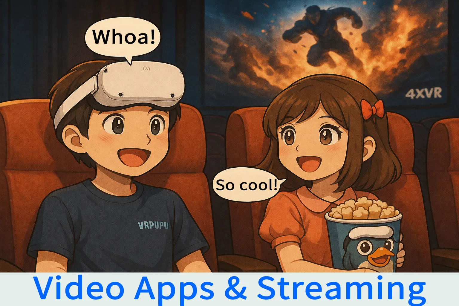 Man wearing a VR headset and woman holding popcorn enjoy an immersive movie experience in a theater