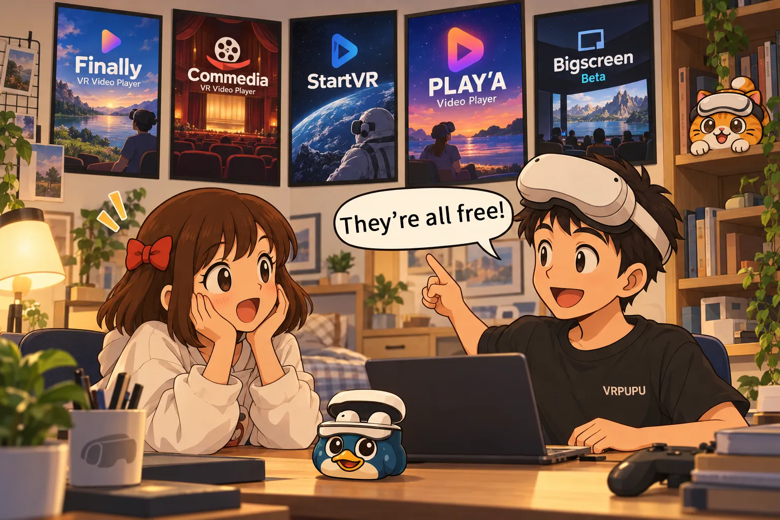 Gugu and Mengmeng introduce free Meta Quest video players in their room, with posters for Finally, Commedia, StartVR, PLAY'A, and Bigscreen displayed in the background.