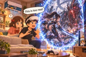 UEVR 6DOF Window portal bringing the game world into the room as Gugu wears a VR headset and Mengmeng watches in surprise