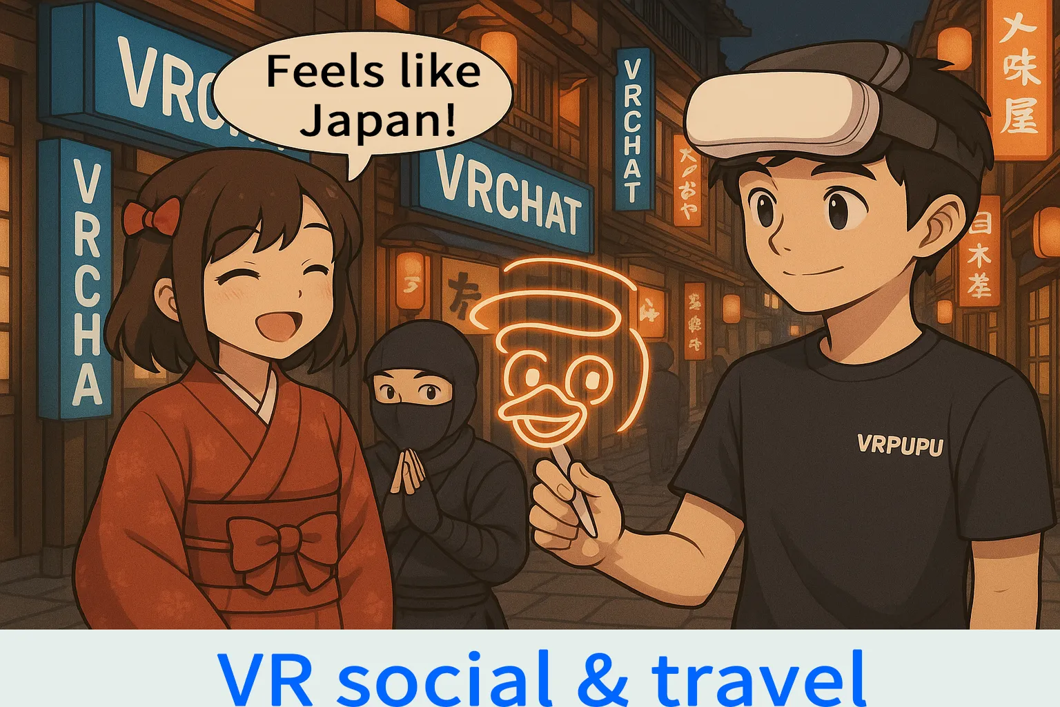 Man explores a Japanese-style street in VRChat while interacting with a woman in a kimono