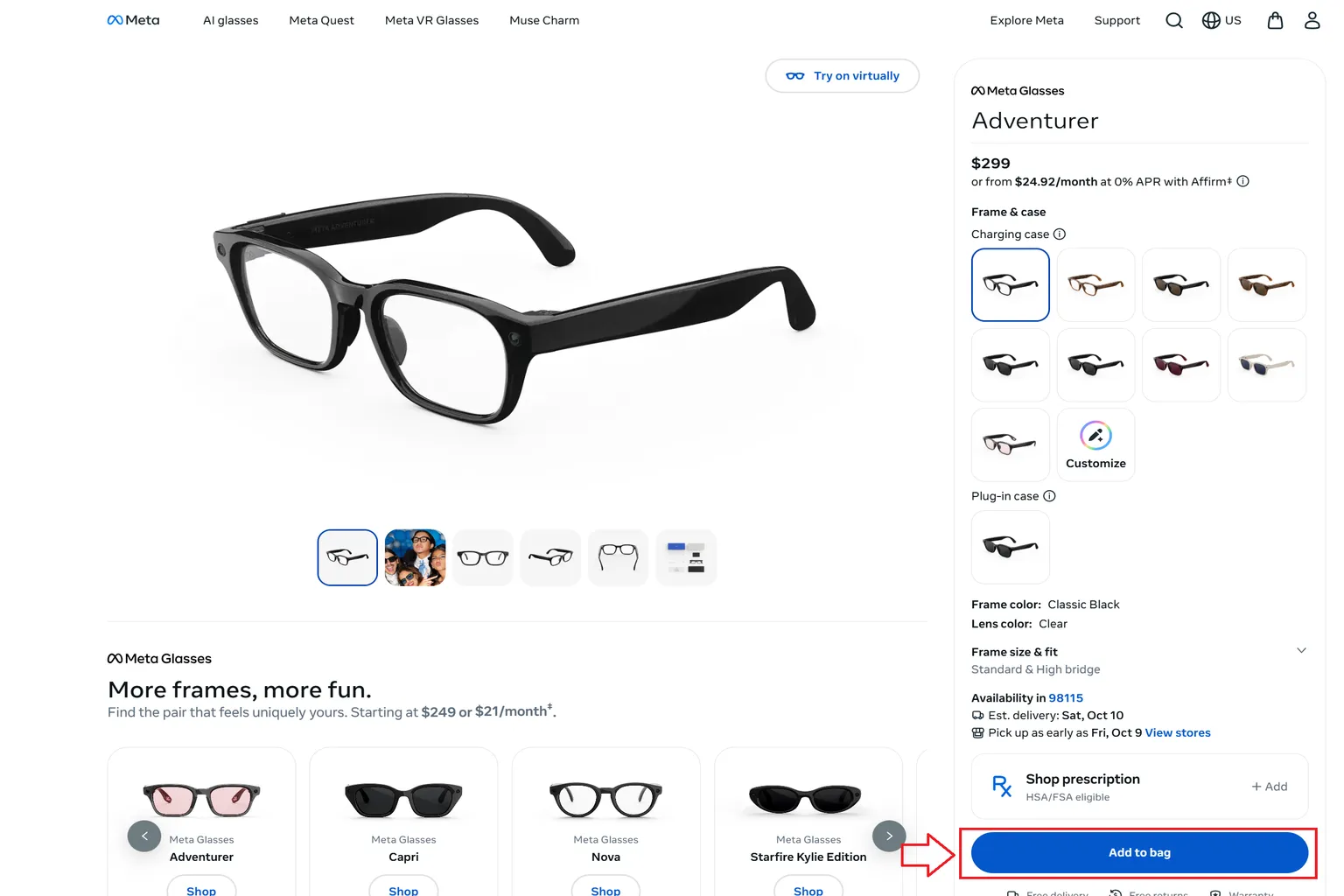 Meta US store product page for Meta Adventurer AI glasses, showing frame colors, lens options, pricing, and the Add to bag button to start purchasing smart glasses.