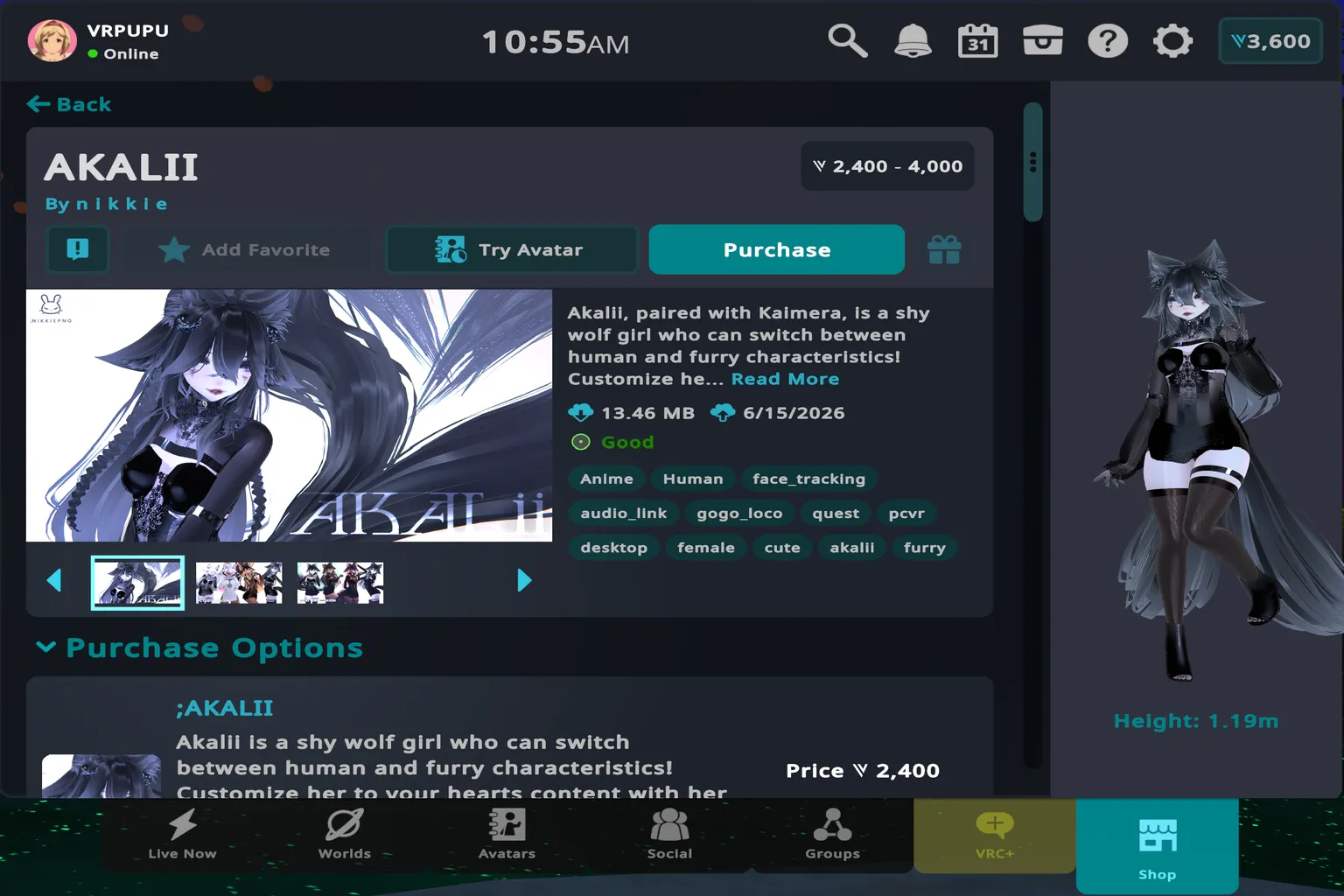 VRChat Avatar Marketplace showing the PHOEBE avatar with preview, price, and purchase options