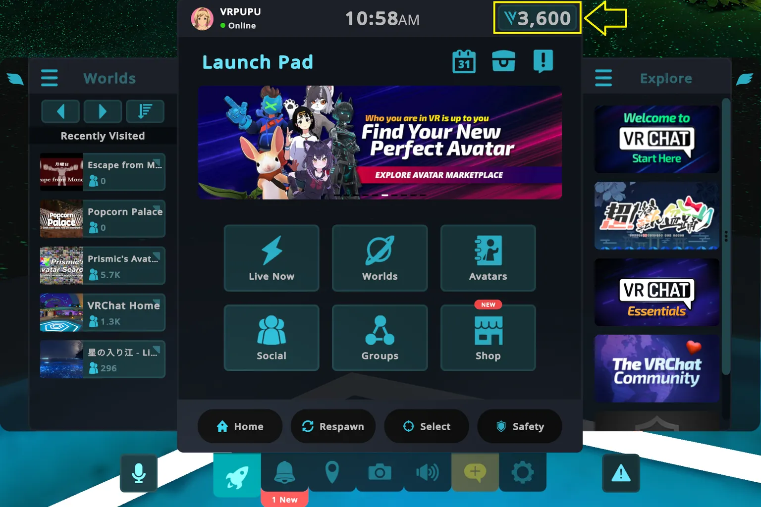 VRChat main menu showing a wallet balance of 3,600 Credits after purchase