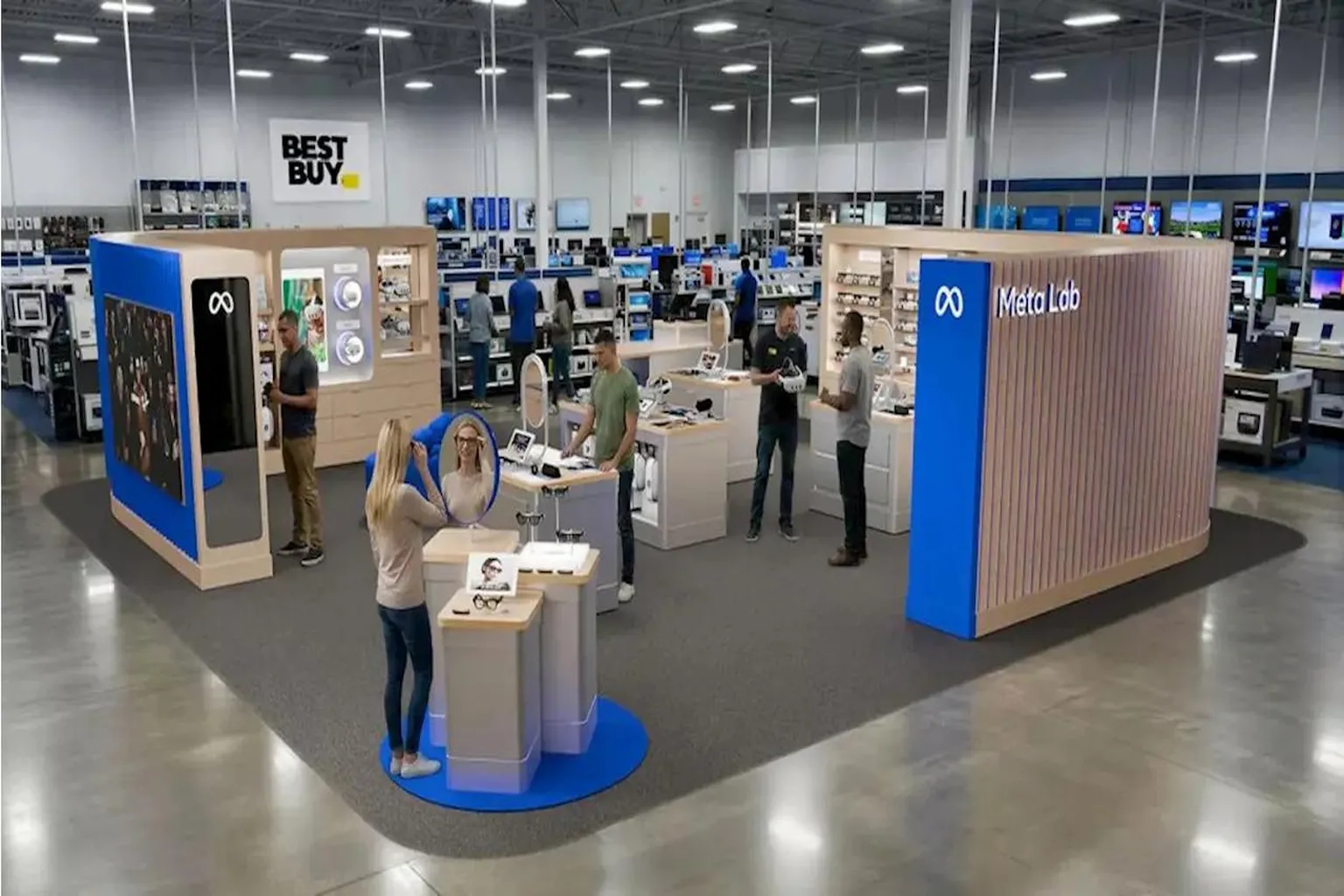 Meta Lab inside a Best Buy store in the United States, featuring Meta AI glasses displays, virtual try-on stations, and dedicated areas where customers can explore and try smart glasses.