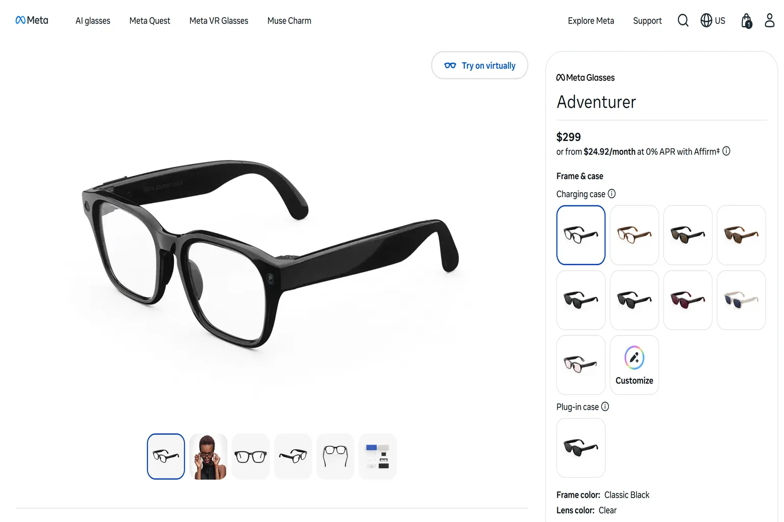 Meta Adventurer AI glasses product page on the US Meta Store accessed from a non-US IP address, showing the regular $299 price without the $40 discount banner.