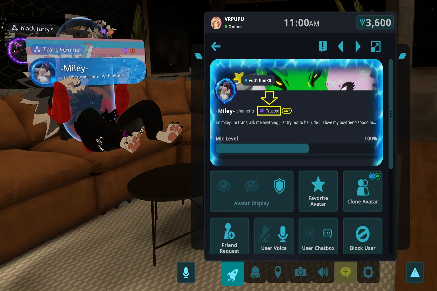 VRChat player profile showing the Trusted User Trust Rank