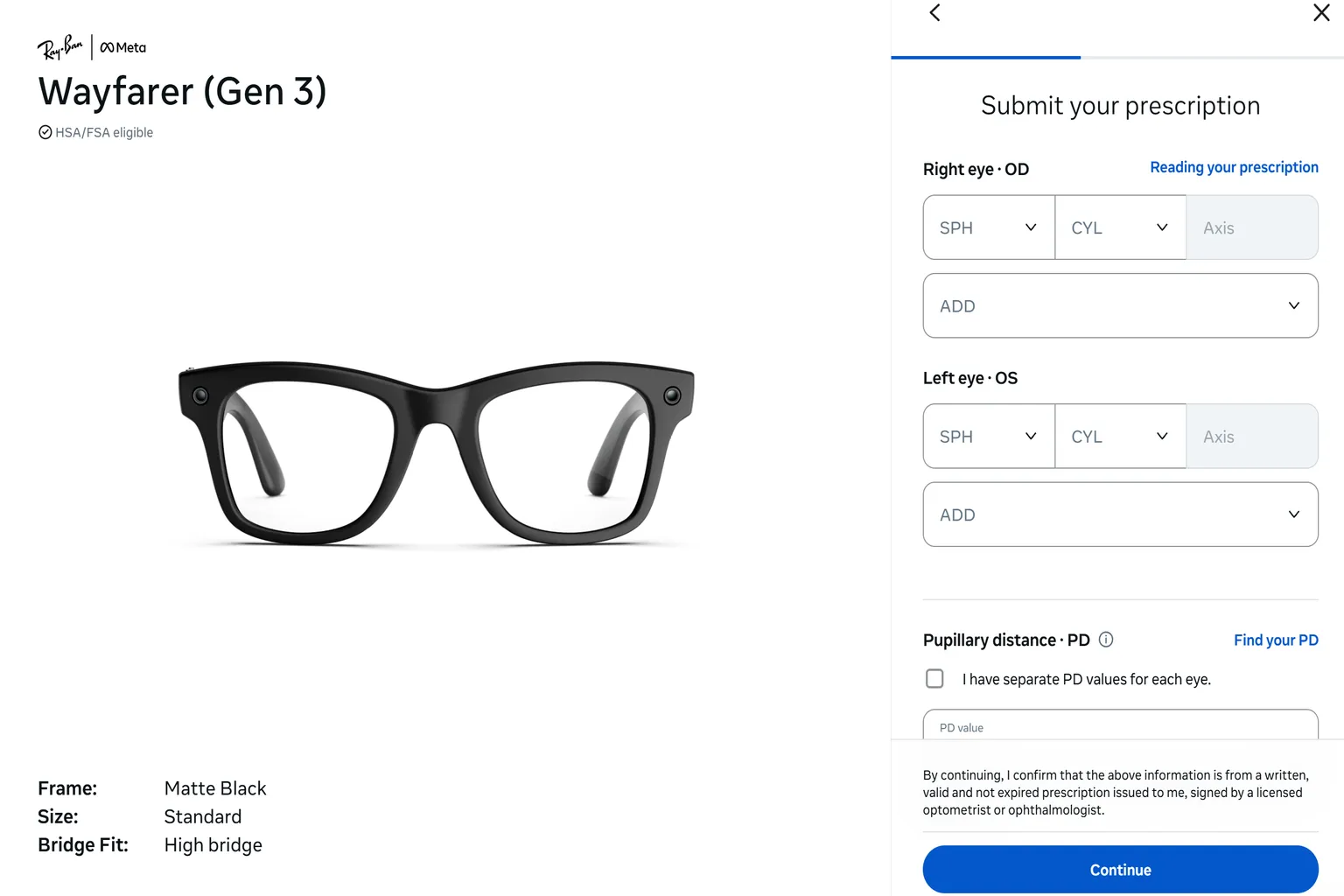 Ray-Ban Meta Wayfarer Gen 3 prescription lens ordering screen