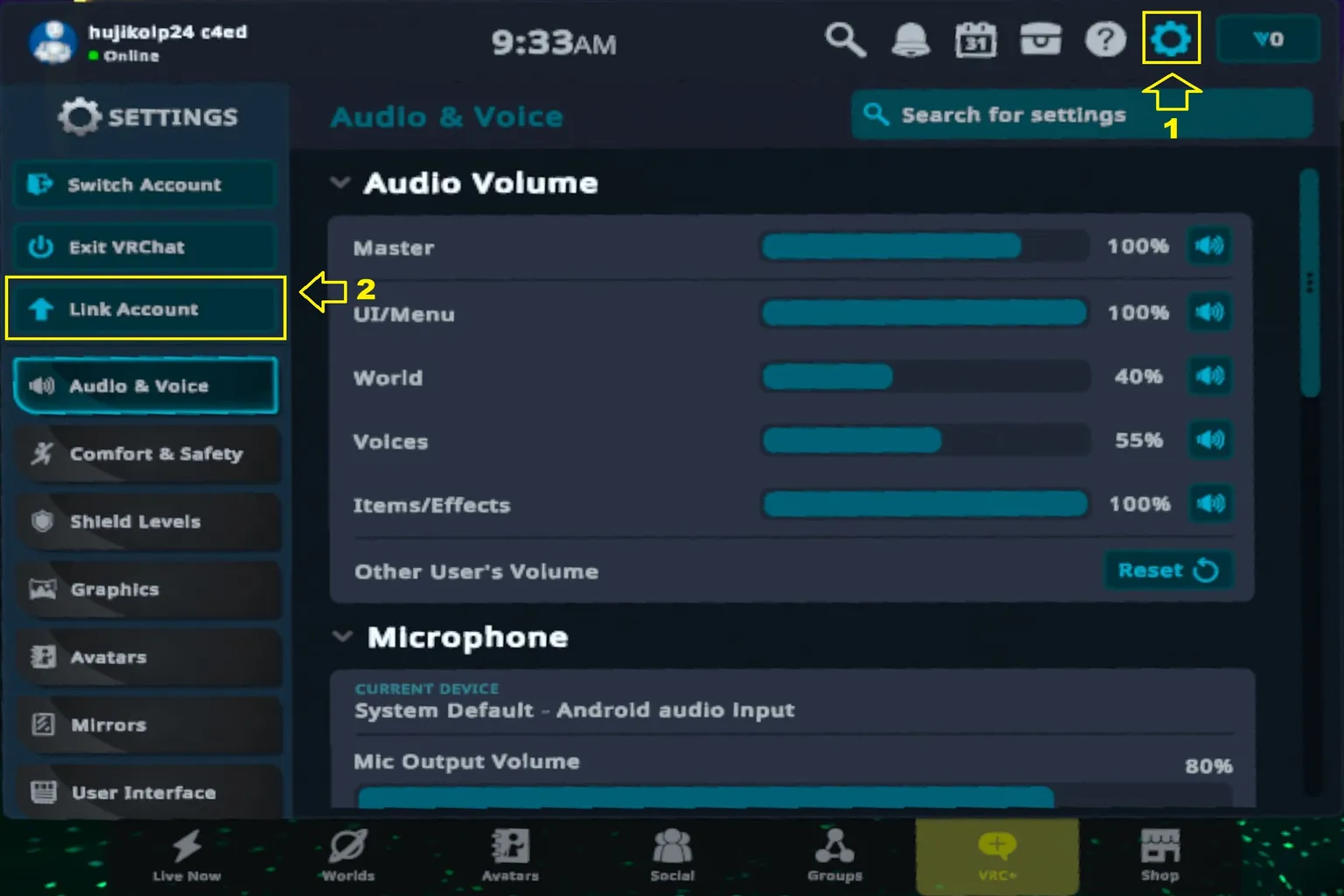 VRChat settings menu showing the Link Account option for connecting a platform account