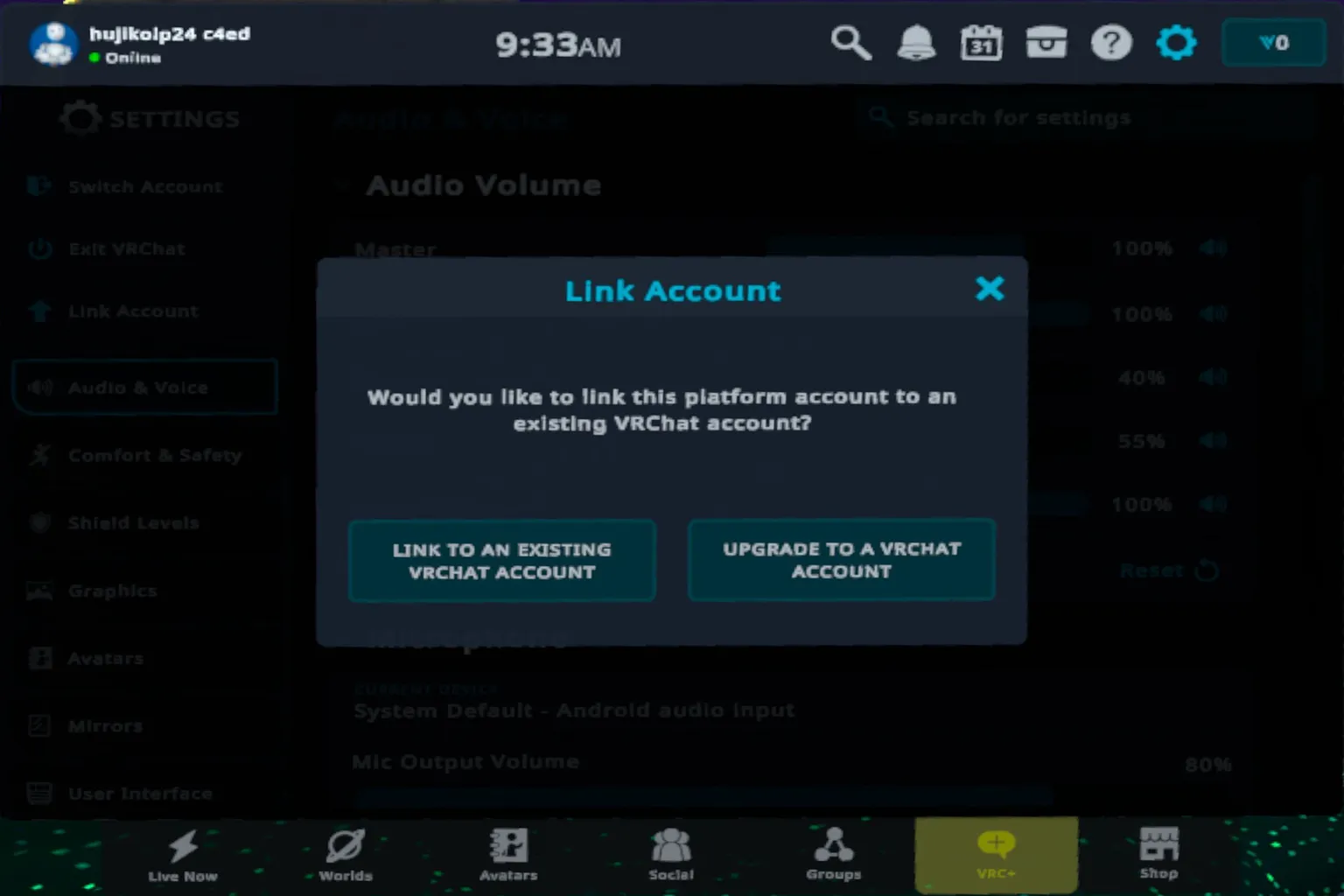 VRChat Link Account screen with options to link an existing account or upgrade to a VRChat account